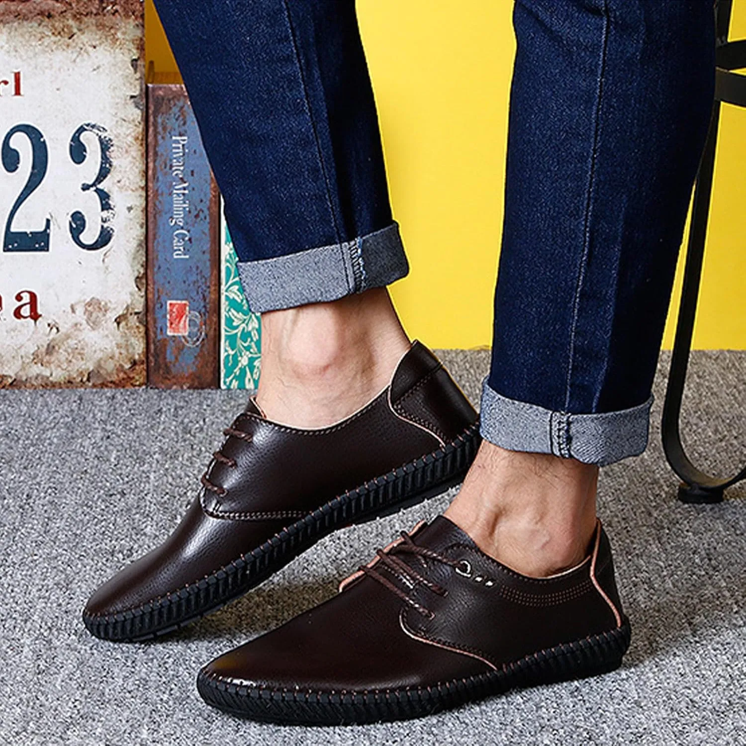 Men's Leather Lace Up Low Top Business Oxfords Shoes Hollow Breathable Casual Non-Slip Shallow Mouth Sneakers Fashion Dress Work Shoes