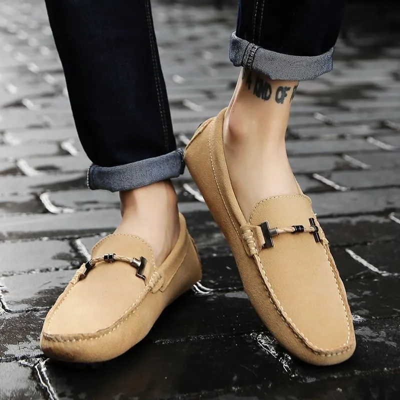 Men's Leather Loafers - Comfortable Slip-On Driving Shoes, Lightweight Slip-Resistant, Classic Nubuck for Casual, Work, and Wedding