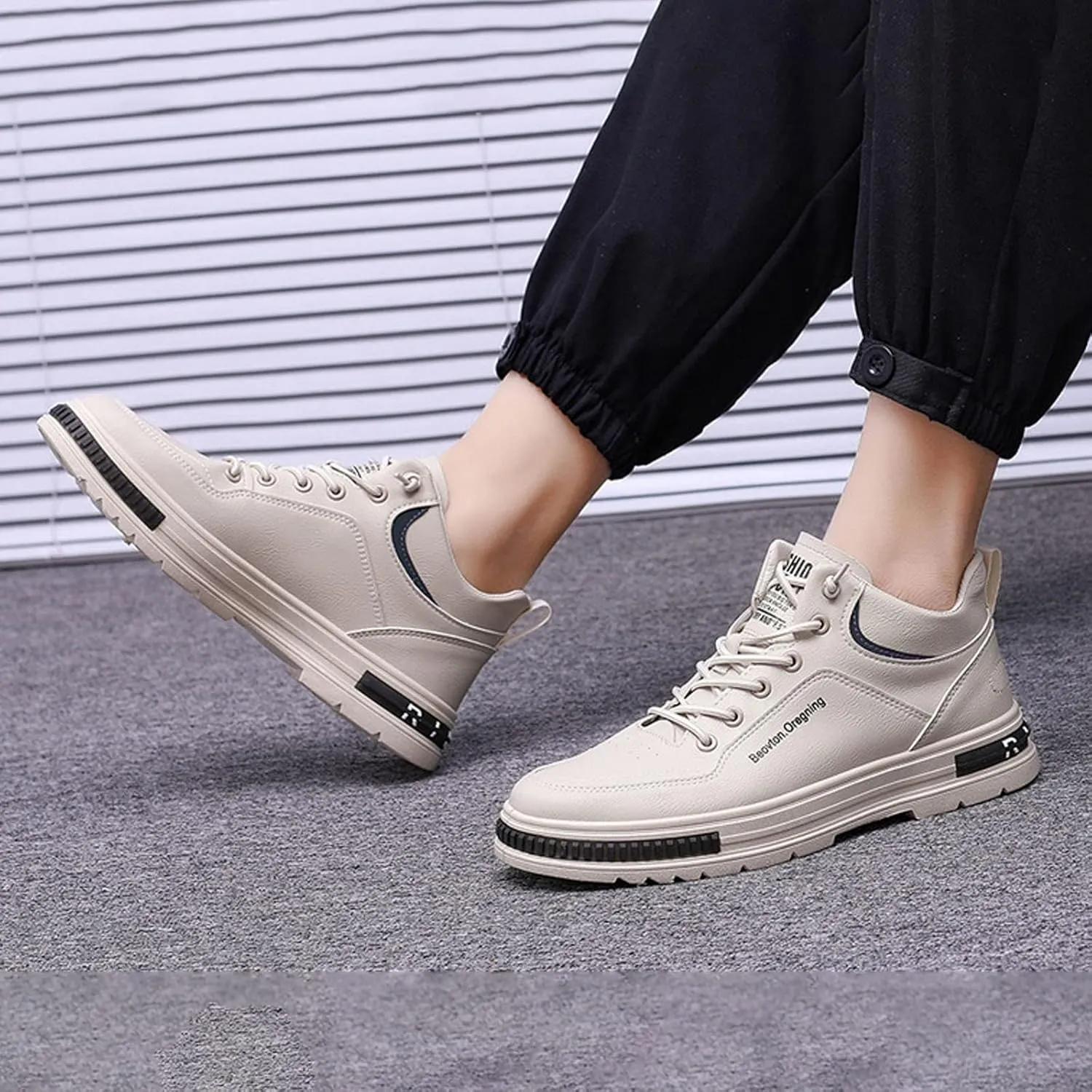 Men's Solid Casual Flat Leather Shoes Fashion Lace Up Casual Shoes Sneaker Shelves for Men