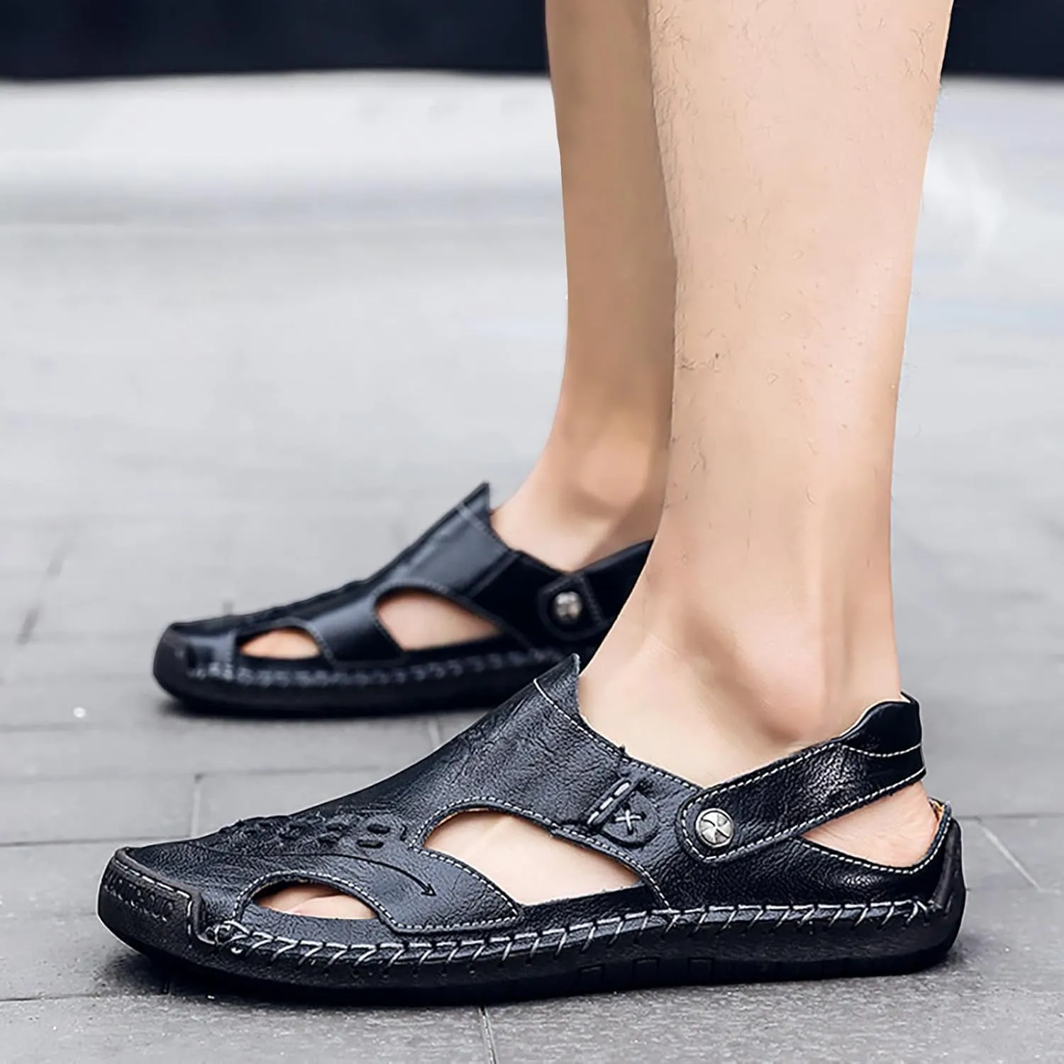 Men's Summer Breathable Hand Sewn Foot Covering Casual Beach Lazy PU Foreign Trade Sandals Men Hiking Sandals