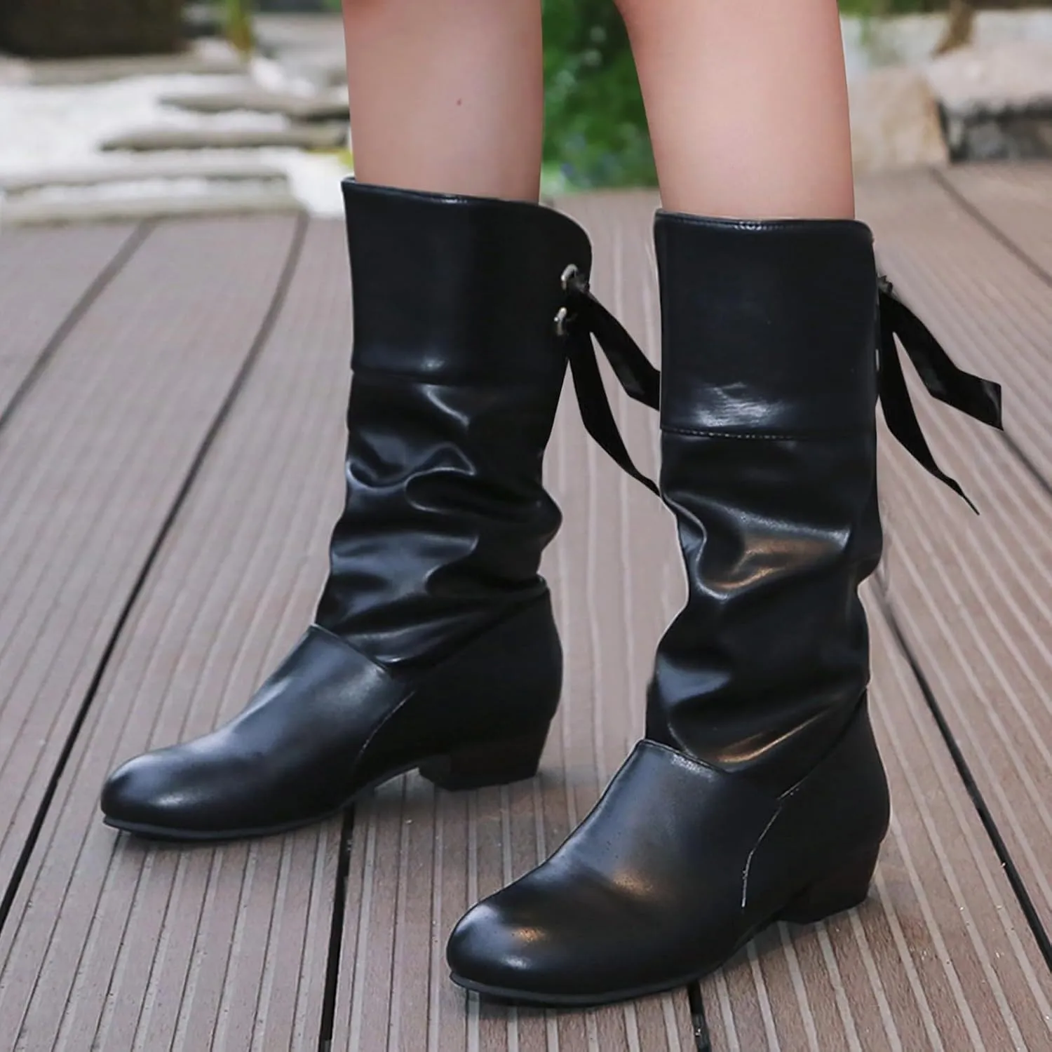 Mid Calf Boots for Women Low Heel,Casual Pull On Faux Leather Boots Fashion Lace Up Biker Boots Comfy Walking Shoes