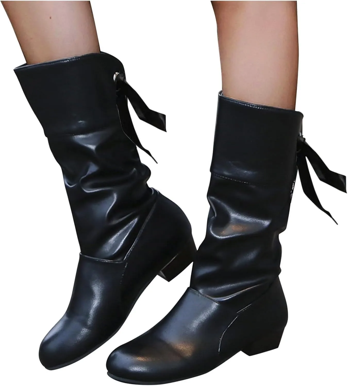 Mid Calf Boots for Women Low Heel,Casual Pull On Faux Leather Boots Fashion Lace Up Biker Boots Comfy Walking Shoes