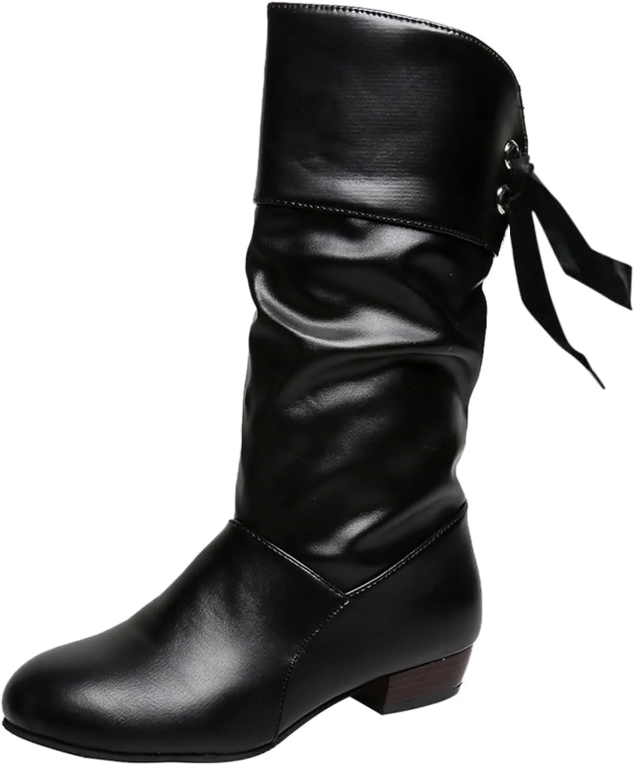 Mid Calf Boots for Women Low Heel,Casual Pull On Faux Leather Boots Fashion Lace Up Biker Boots Comfy Walking Shoes