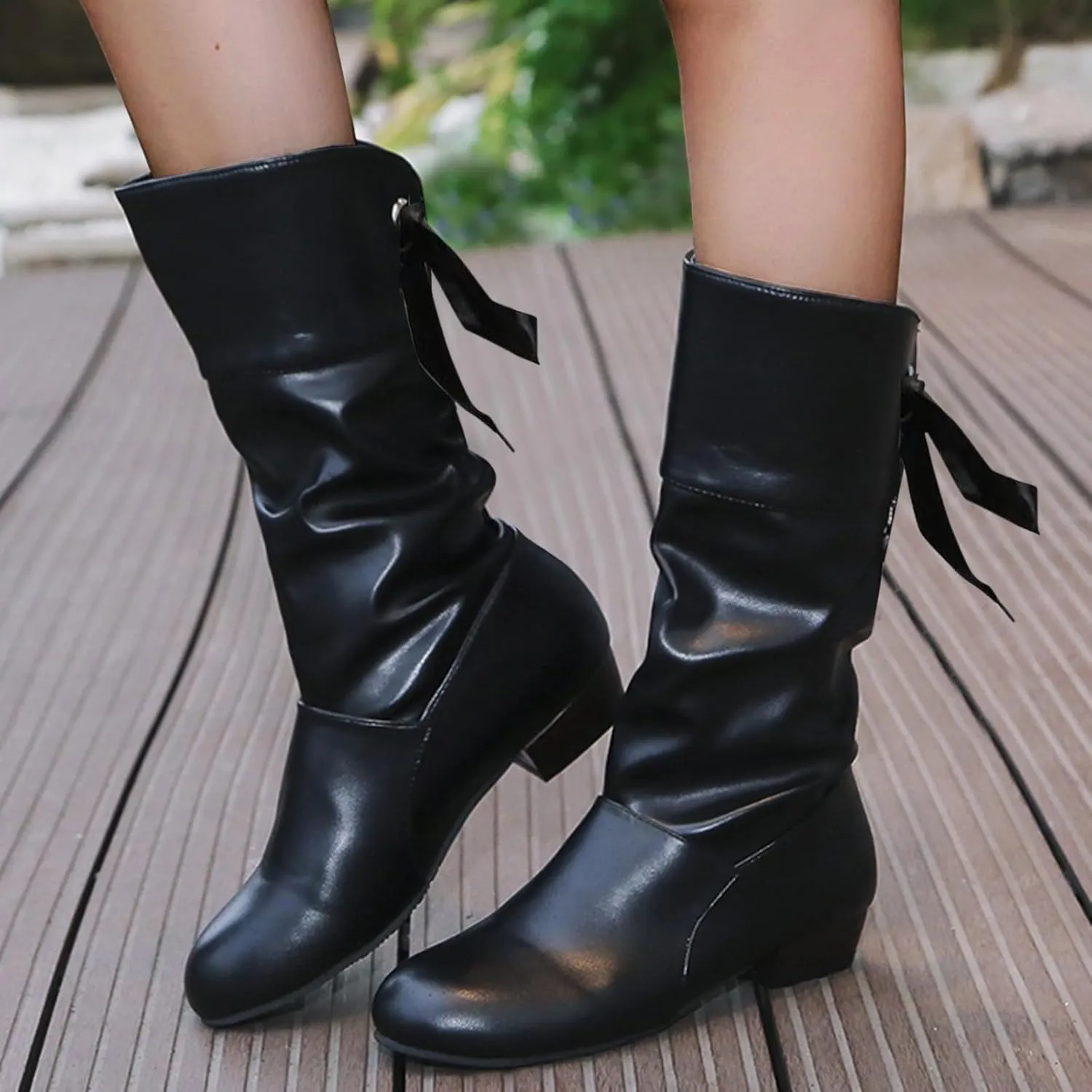 Mid Calf Boots for Women Low Heel,Casual Pull On Faux Leather Boots Fashion Lace Up Biker Boots Comfy Walking Shoes