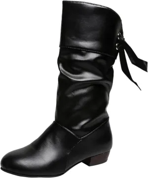 Mid Calf Boots for Women Low Heel,Casual Pull On Faux Leather Boots Fashion Lace Up Biker Boots Comfy Walking Shoes