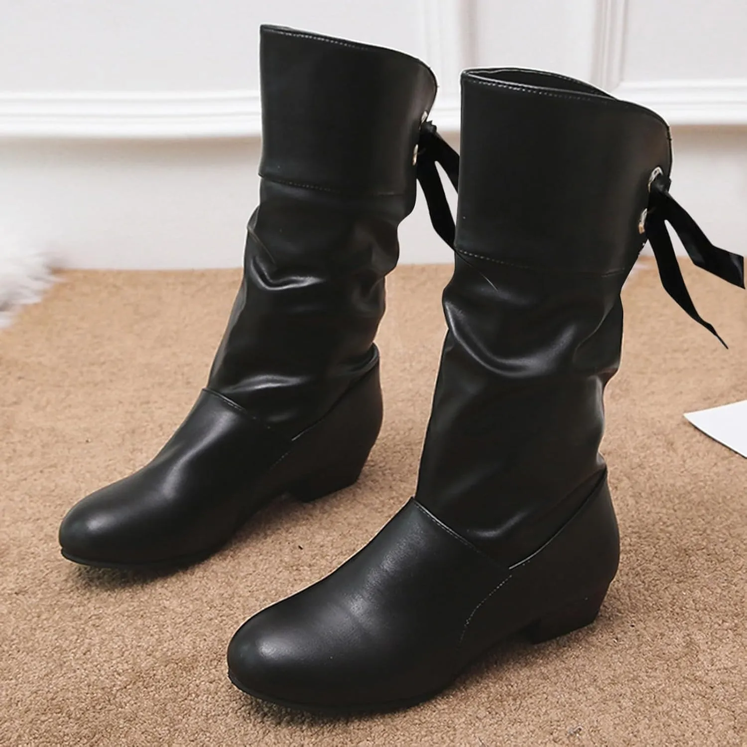 Mid Calf Boots for Women Low Heel,Casual Pull On Faux Leather Boots Fashion Lace Up Biker Boots Comfy Walking Shoes