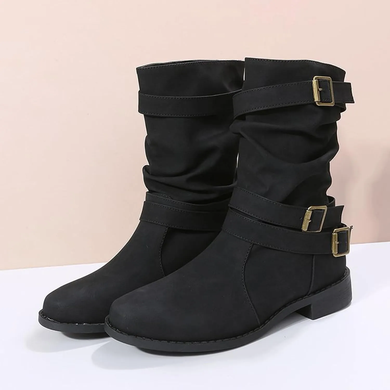 Mid Hight Boots for Women Chunky Platform Boots Mid Calf Combat Boots Side zipper Low Heel Fashion Western Boots