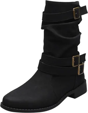 Mid Hight Boots for Women Chunky Platform Boots Mid Calf Combat Boots Side zipper Low Heel Fashion Western Boots