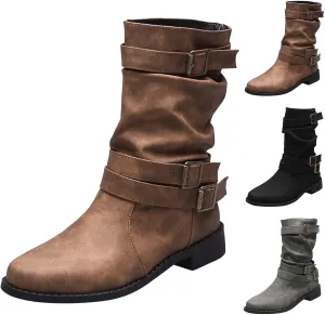 Mid Hight Boots for Women Chunky Platform Boots Mid Calf Combat Boots Side zipper Low Heel Fashion Western Boots