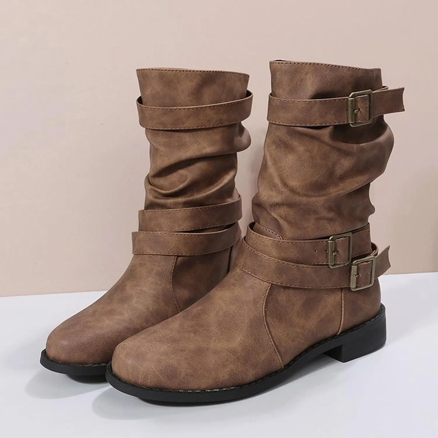 Mid Hight Boots for Women Chunky Platform Boots Mid Calf Combat Boots Side zipper Low Heel Fashion Western Boots