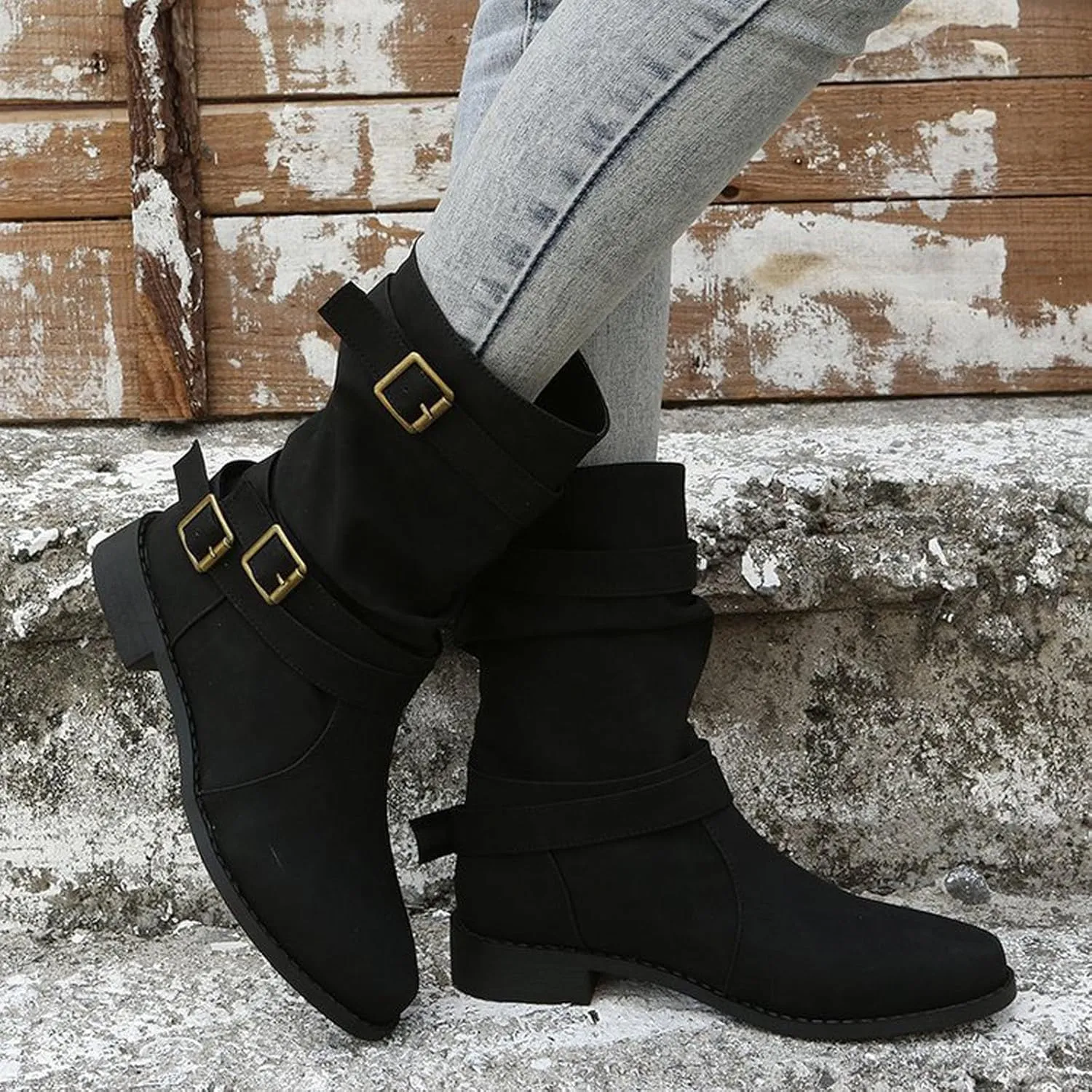 Mid Hight Boots for Women Chunky Platform Boots Mid Calf Combat Boots Side zipper Low Heel Fashion Western Boots