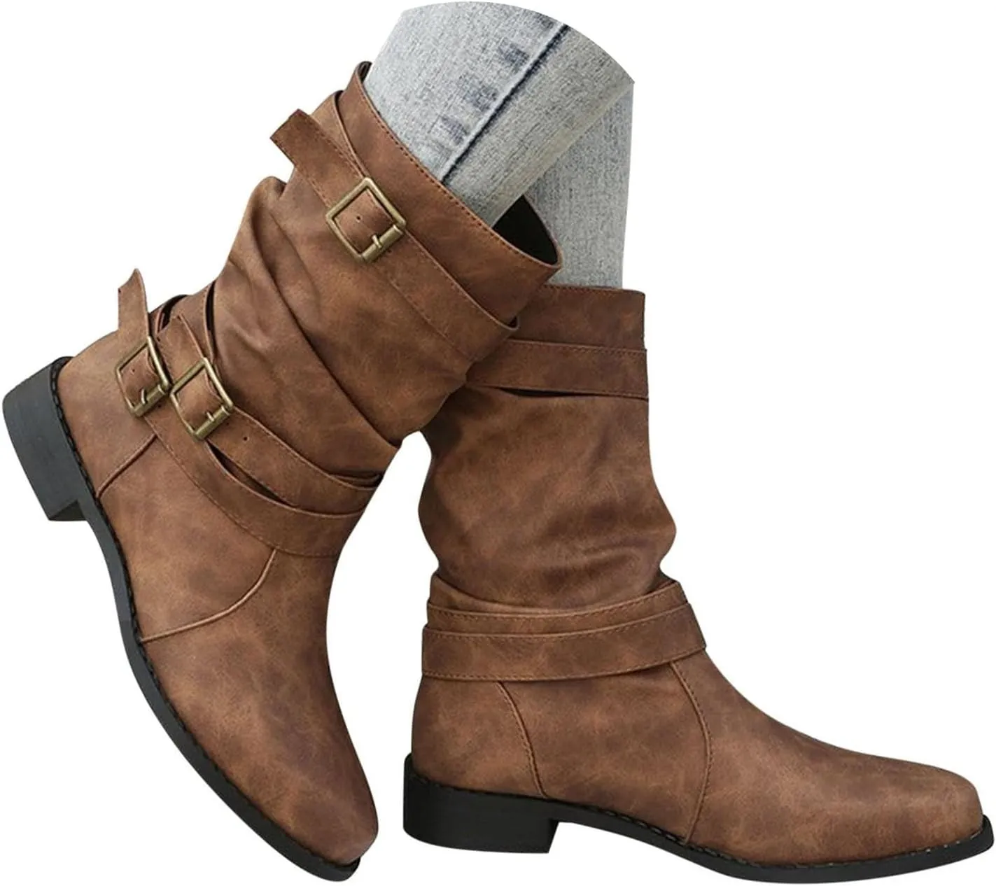Mid Hight Boots for Women Chunky Platform Boots Mid Calf Combat Boots Side zipper Low Heel Fashion Western Boots