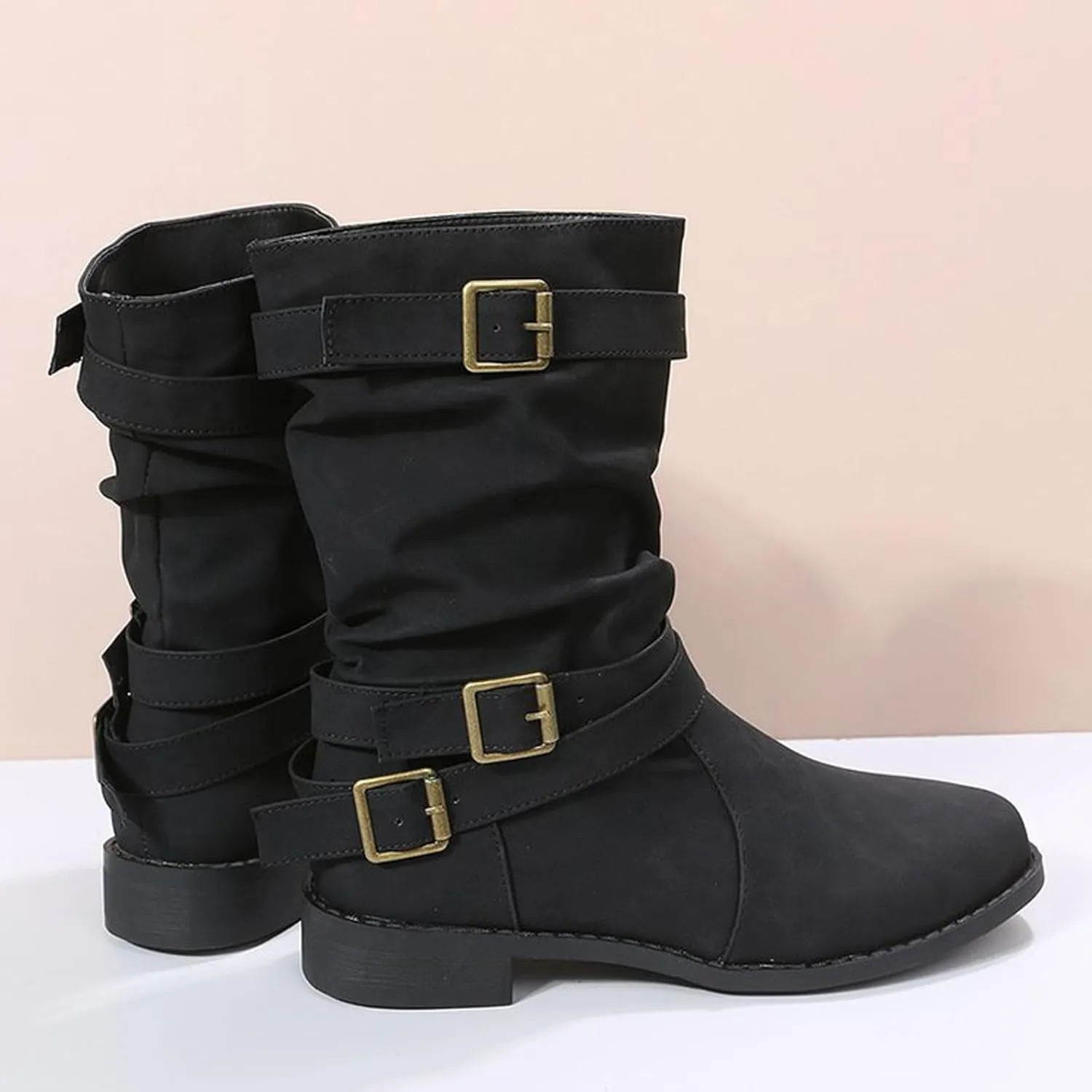 Mid Hight Boots for Women Chunky Platform Boots Mid Calf Combat Boots Side zipper Low Heel Fashion Western Boots