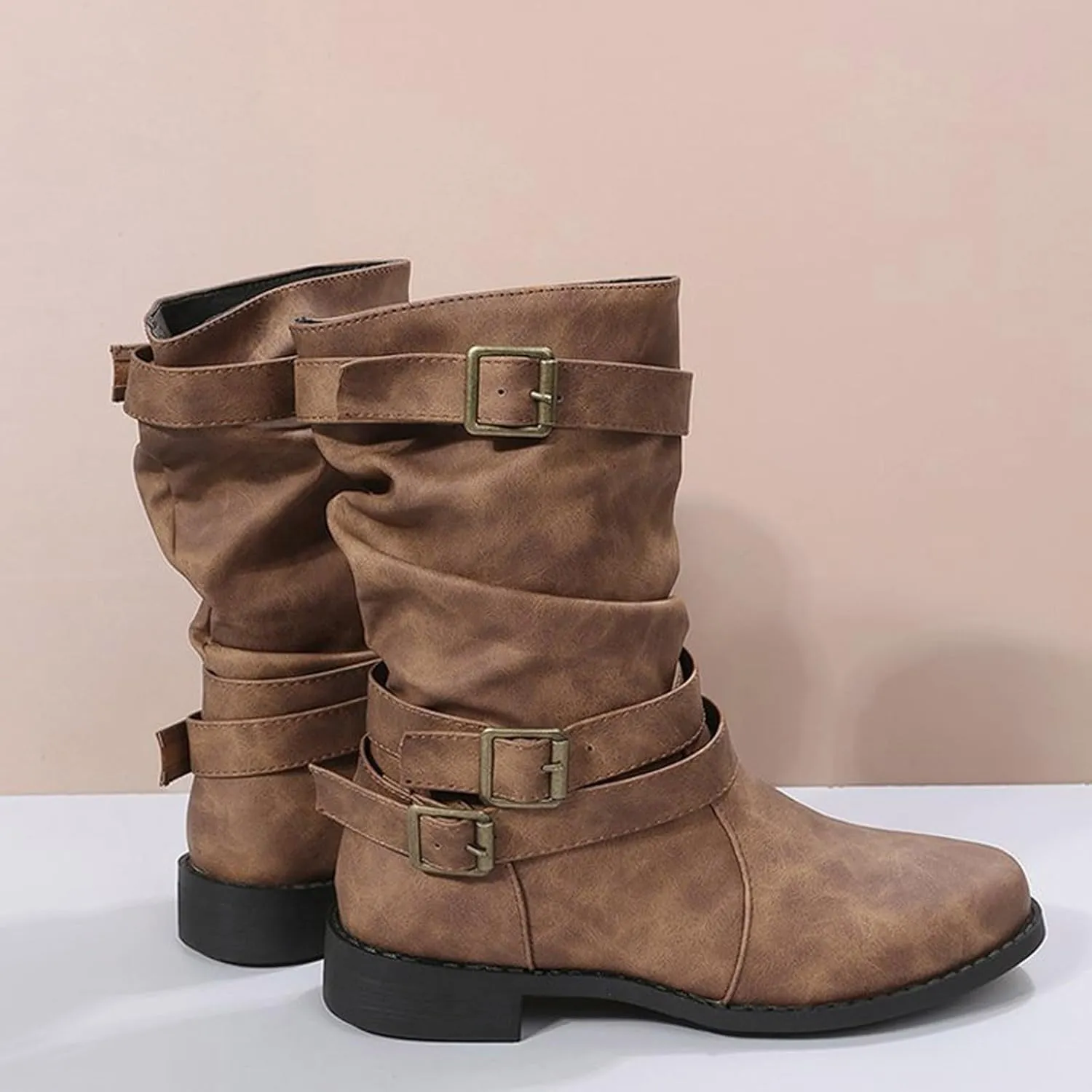 Mid Hight Boots for Women Chunky Platform Boots Mid Calf Combat Boots Side zipper Low Heel Fashion Western Boots