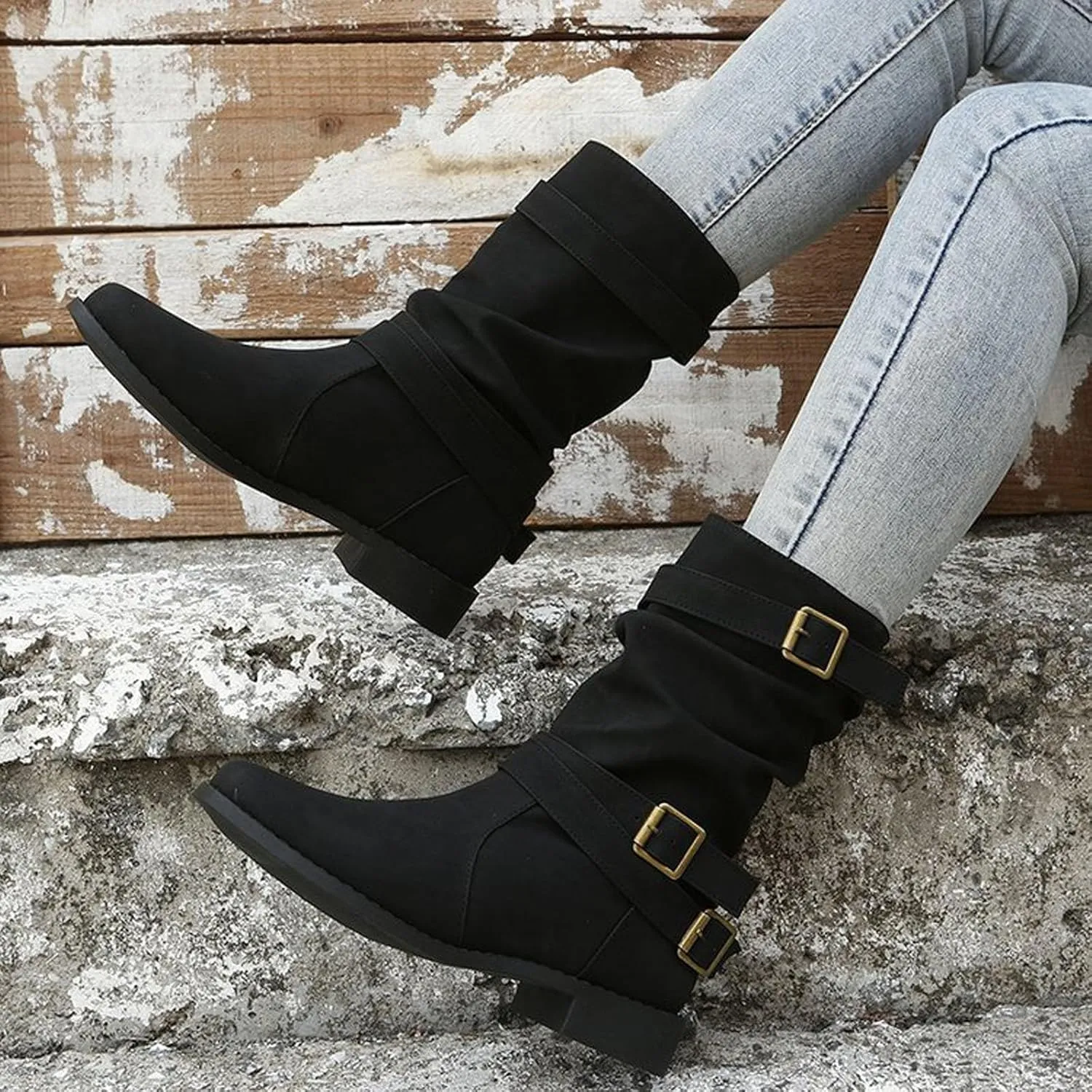 Mid Hight Boots for Women Chunky Platform Boots Mid Calf Combat Boots Side zipper Low Heel Fashion Western Boots