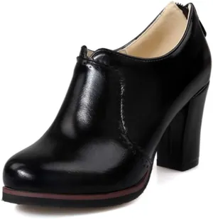 MIOKE Women's Chunky Platform Oxford Pumps High Heel Round Toe Slip On Zipper Vintage Uniform Dress Shoes
