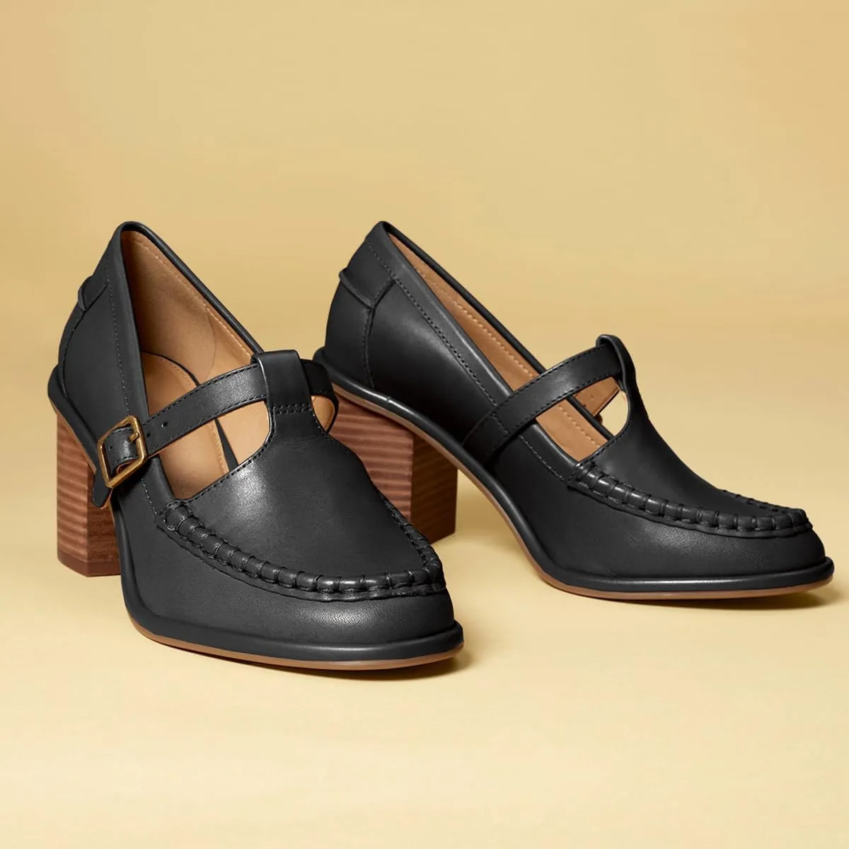 MOOMMO Women Chunky Stacked Heel Loafers Pumps Round Closed Toe Slip On Penny Loafer Buckle T-Strap Block High Heel Oxford Shoes Formal Classic Thick Heel Dress Loafer Office Lady Retro 4-11 M US