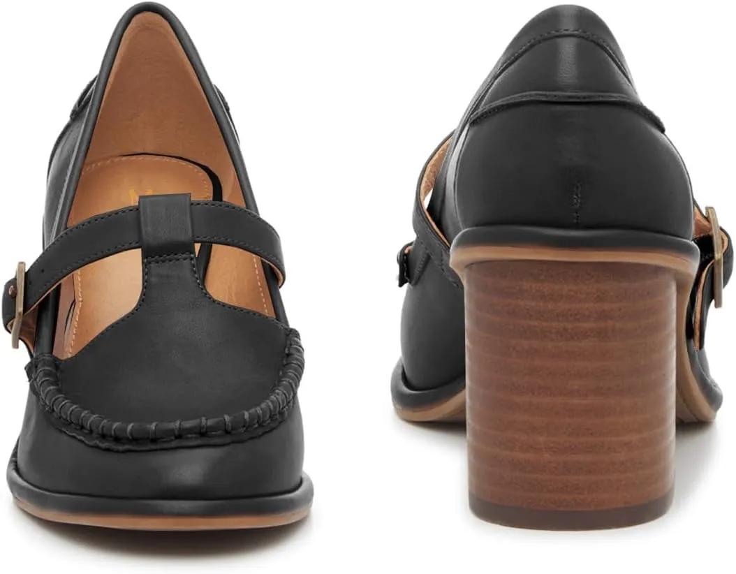 MOOMMO Women Chunky Stacked Heel Loafers Pumps Round Closed Toe Slip On Penny Loafer Buckle T-Strap Block High Heel Oxford Shoes Formal Classic Thick Heel Dress Loafer Office Lady Retro 4-11 M US