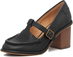 MOOMMO Women Chunky Stacked Heel Loafers Pumps Round Closed Toe Slip On Penny Loafer Buckle T-Strap Block High Heel Oxford Shoes Formal Classic Thick Heel Dress Loafer Office Lady Retro 4-11 M US