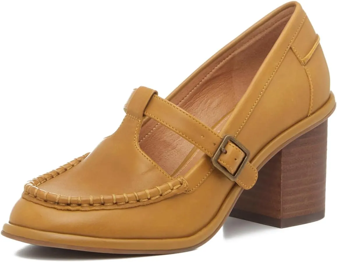 MOOMMO Women Chunky Stacked Heel Loafers Pumps Round Closed Toe Slip On Penny Loafer Buckle T-Strap Block High Heel Oxford Shoes Formal Classic Thick Heel Dress Loafer Office Lady Retro 4-11 M US