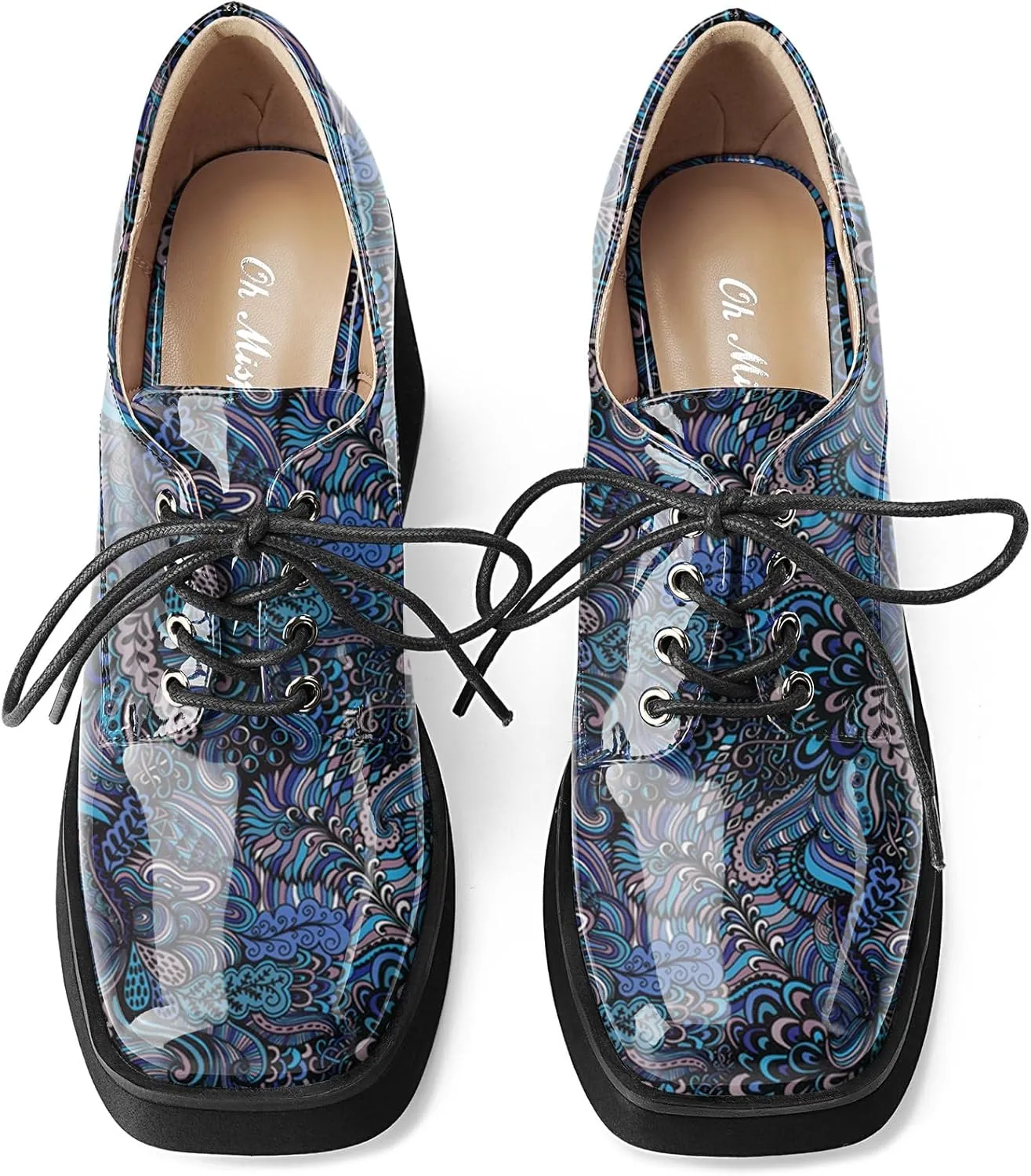 Oh Mispares Women's Chunky Heeled Oxfords Square Toe Platform Oxford Shoes for Women Lace-up Patent Leather Shoes Comfortable Business Dress Pump Shoes for Work