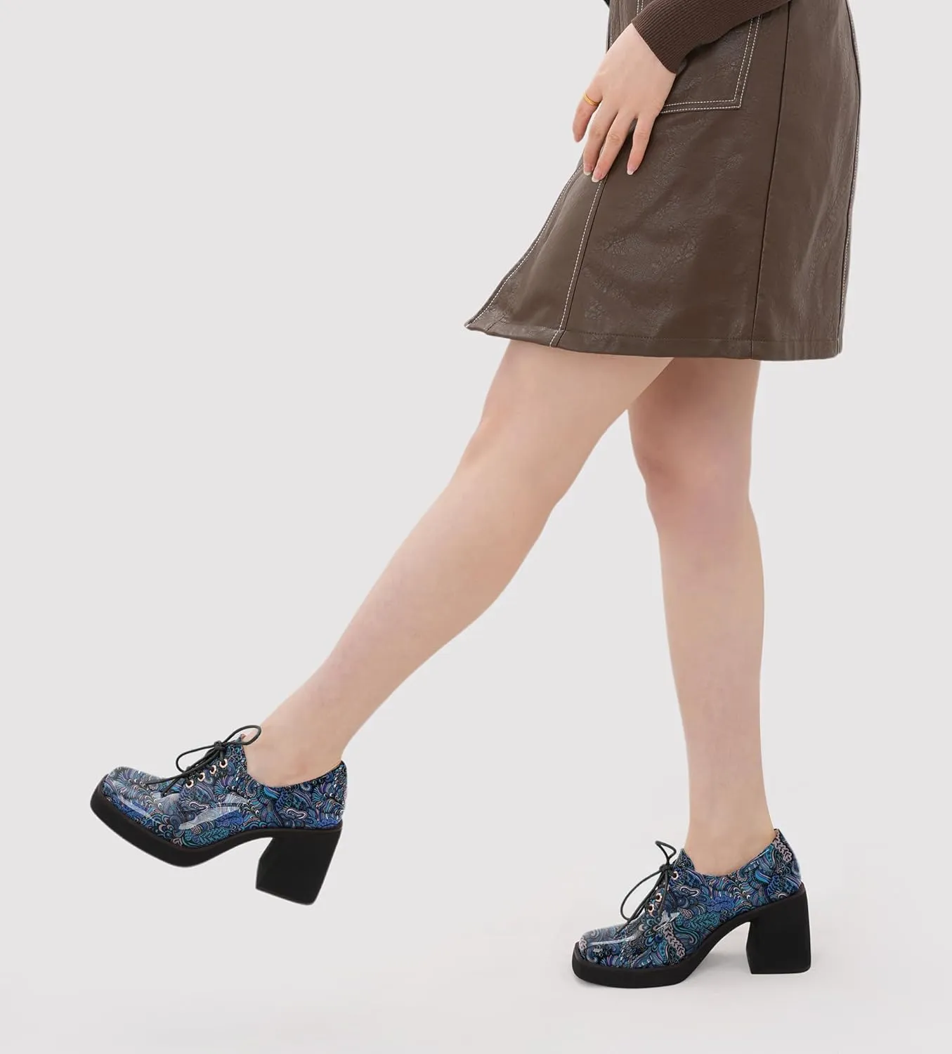 Oh Mispares Women's Chunky Heeled Oxfords Square Toe Platform Oxford Shoes for Women Lace-up Patent Leather Shoes Comfortable Business Dress Pump Shoes for Work