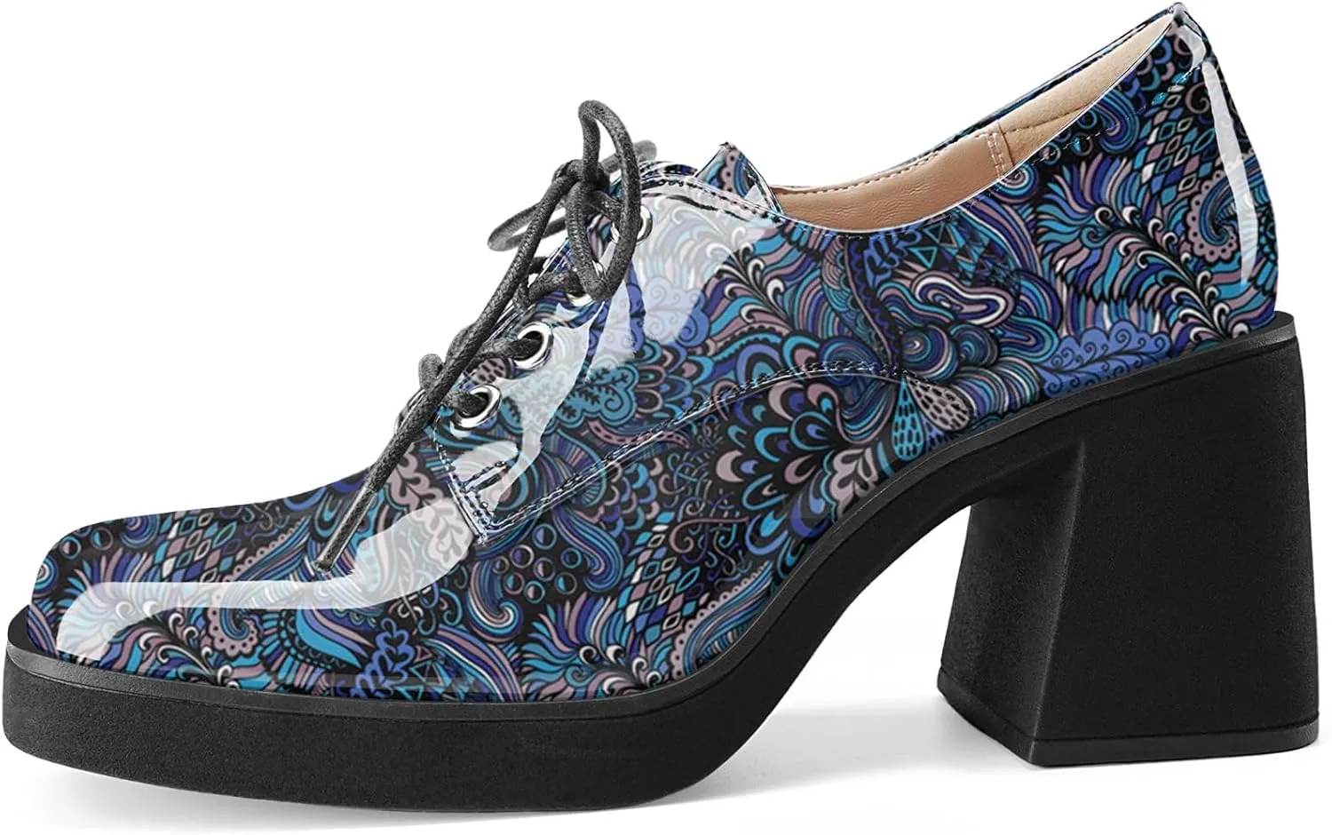 Oh Mispares Women's Chunky Heeled Oxfords Square Toe Platform Oxford Shoes for Women Lace-up Patent Leather Shoes Comfortable Business Dress Pump Shoes for Work