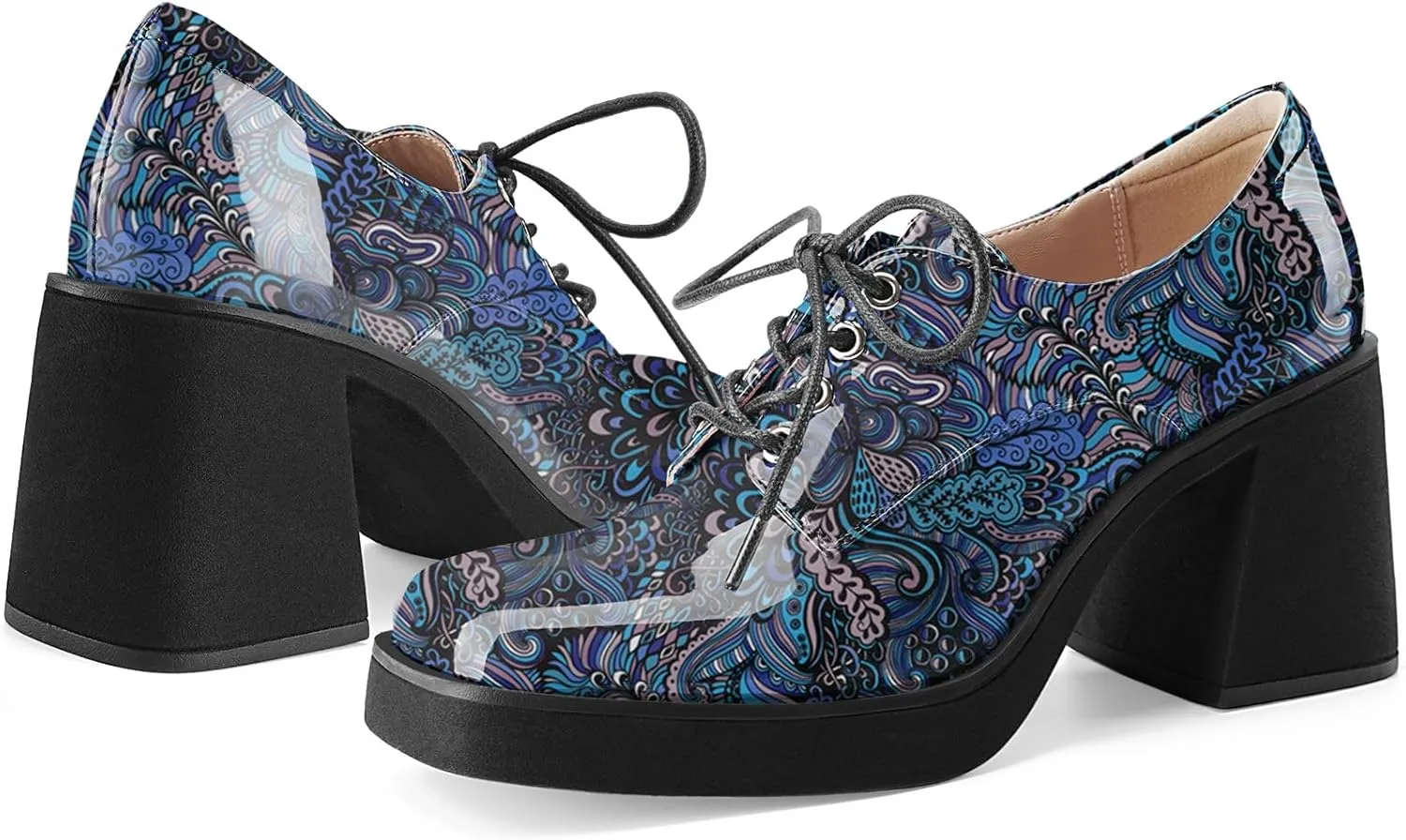 Oh Mispares Women's Chunky Heeled Oxfords Square Toe Platform Oxford Shoes for Women Lace-up Patent Leather Shoes Comfortable Business Dress Pump Shoes for Work