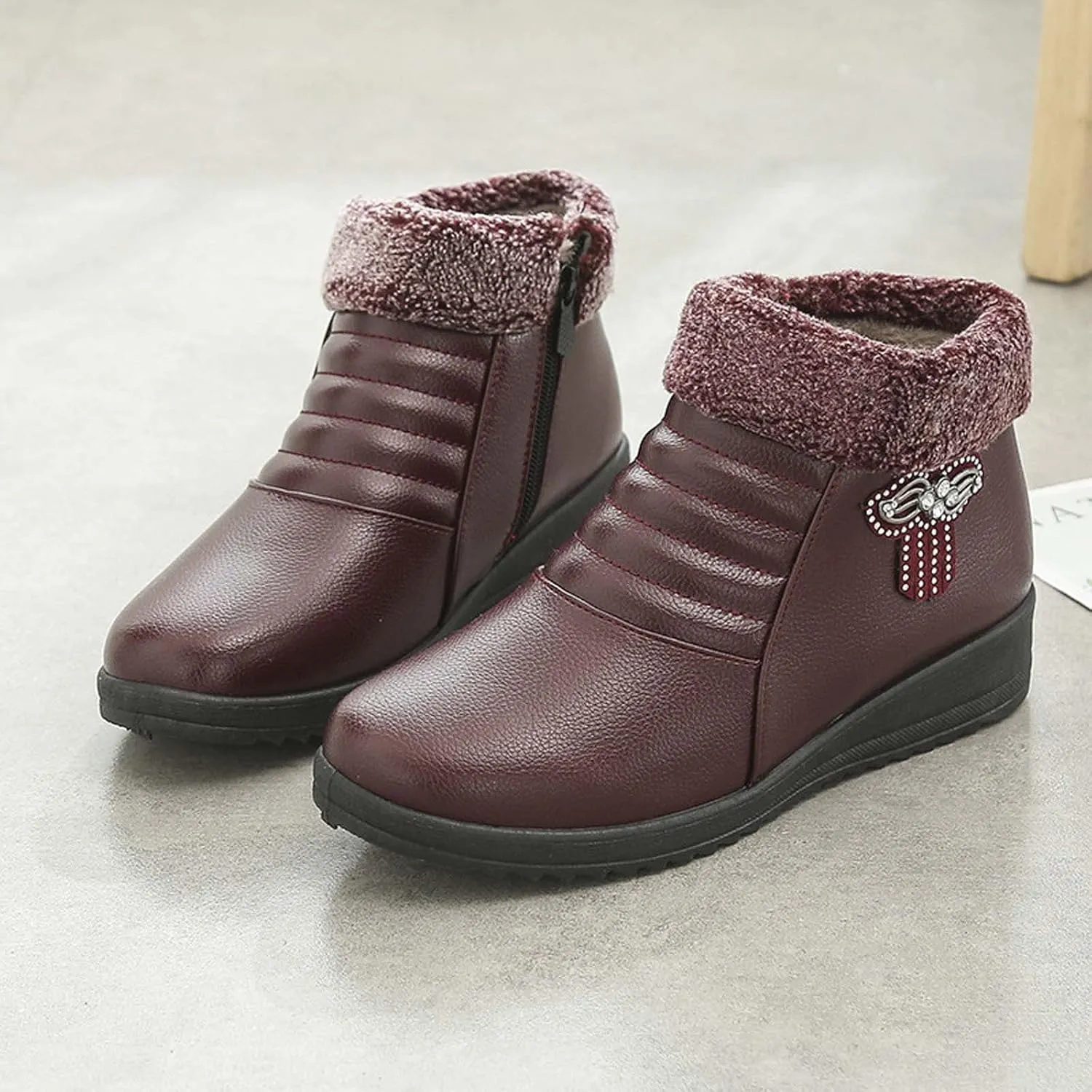 oiangi Rhinestones Ankle Boots for Women 2022 Comfortable Soft Sole Round Toe Zipper Platform Snow Boots Winter Plush Warm Non-slip Leather Shoes