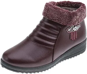 oiangi Rhinestones Ankle Boots for Women 2022 Comfortable Soft Sole Round Toe Zipper Platform Snow Boots Winter Plush Warm Non-slip Leather Shoes