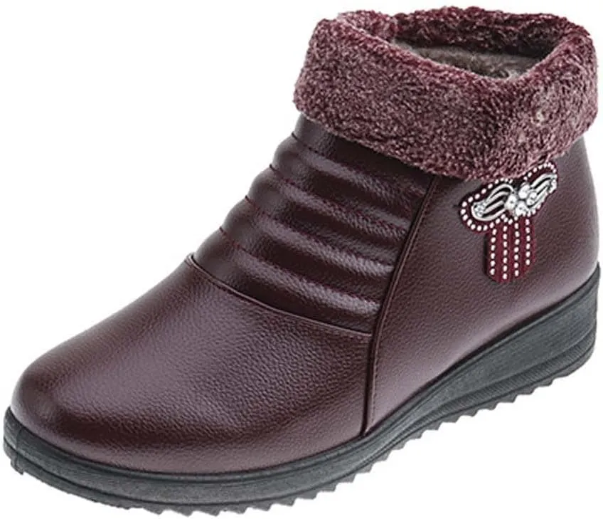 oiangi Rhinestones Ankle Boots for Women 2022 Comfortable Soft Sole Round Toe Zipper Platform Snow Boots Winter Plush Warm Non-slip Leather Shoes