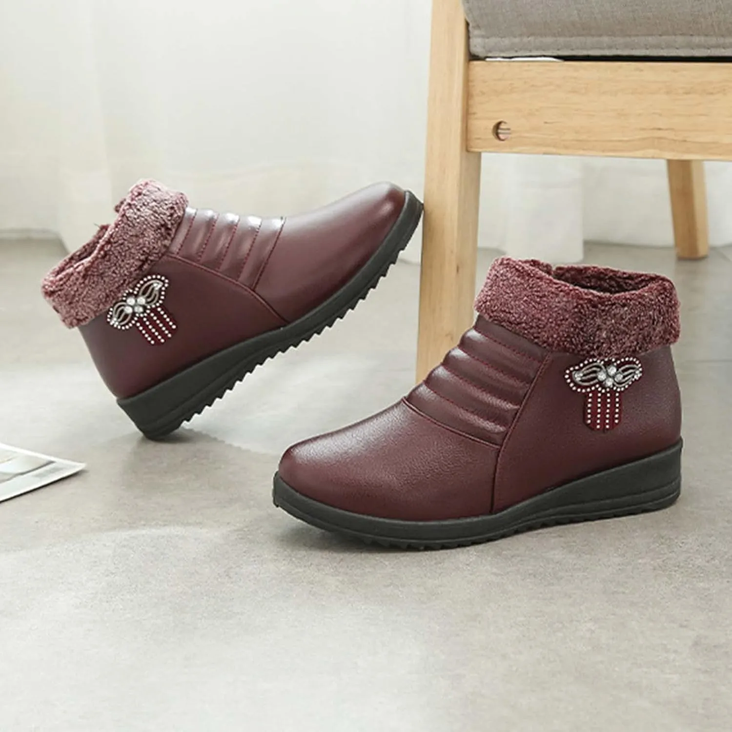 oiangi Rhinestones Ankle Boots for Women 2022 Comfortable Soft Sole Round Toe Zipper Platform Snow Boots Winter Plush Warm Non-slip Leather Shoes