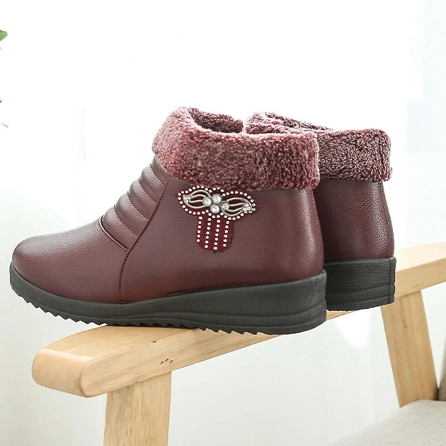oiangi Rhinestones Ankle Boots for Women 2022 Comfortable Soft Sole Round Toe Zipper Platform Snow Boots Winter Plush Warm Non-slip Leather Shoes