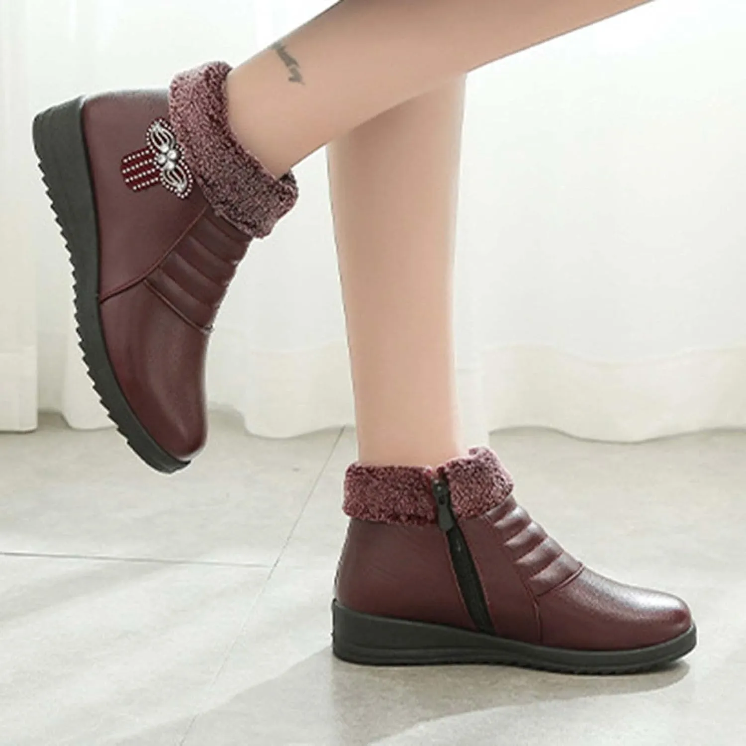 oiangi Rhinestones Ankle Boots for Women 2022 Comfortable Soft Sole Round Toe Zipper Platform Snow Boots Winter Plush Warm Non-slip Leather Shoes