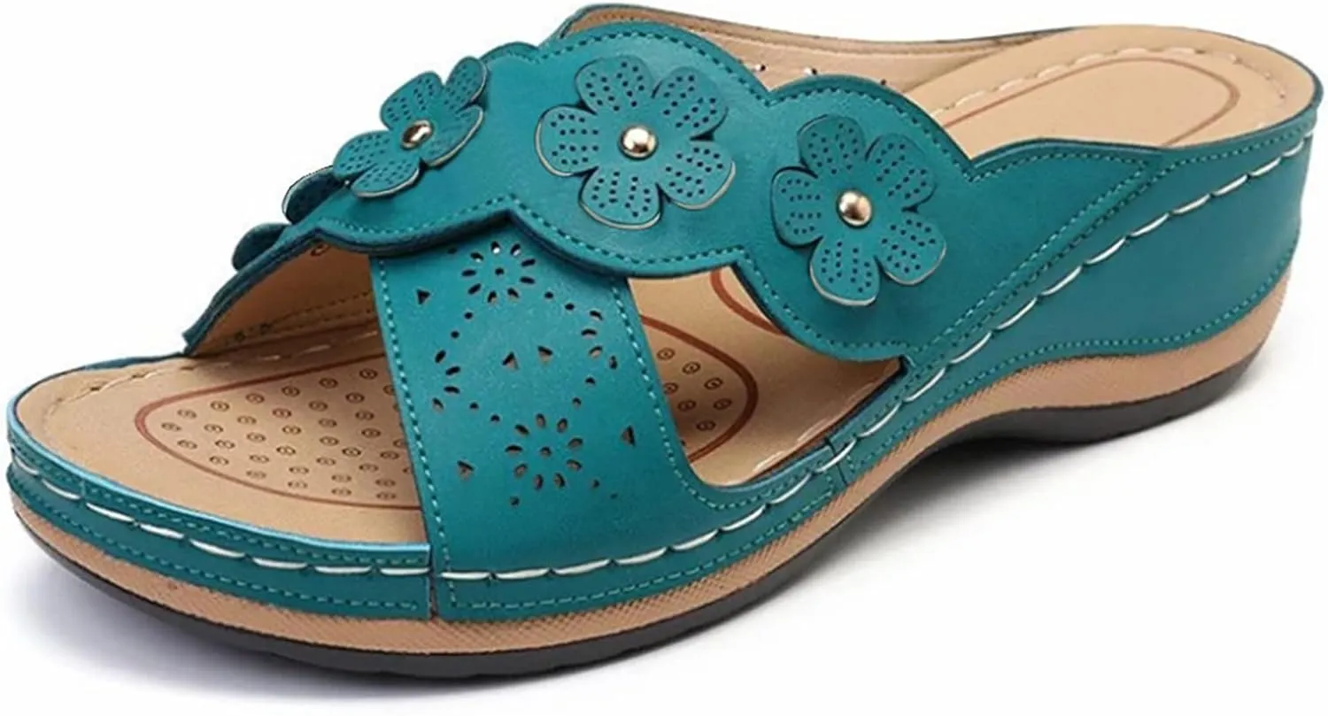 Orthopedic Sandals For Women Women's Comfort Leather Slides Lightweight Wedge Sandals Slip On Casual Walking Slippers with Arch Support Cushion Platform Sandals Dressy Summer