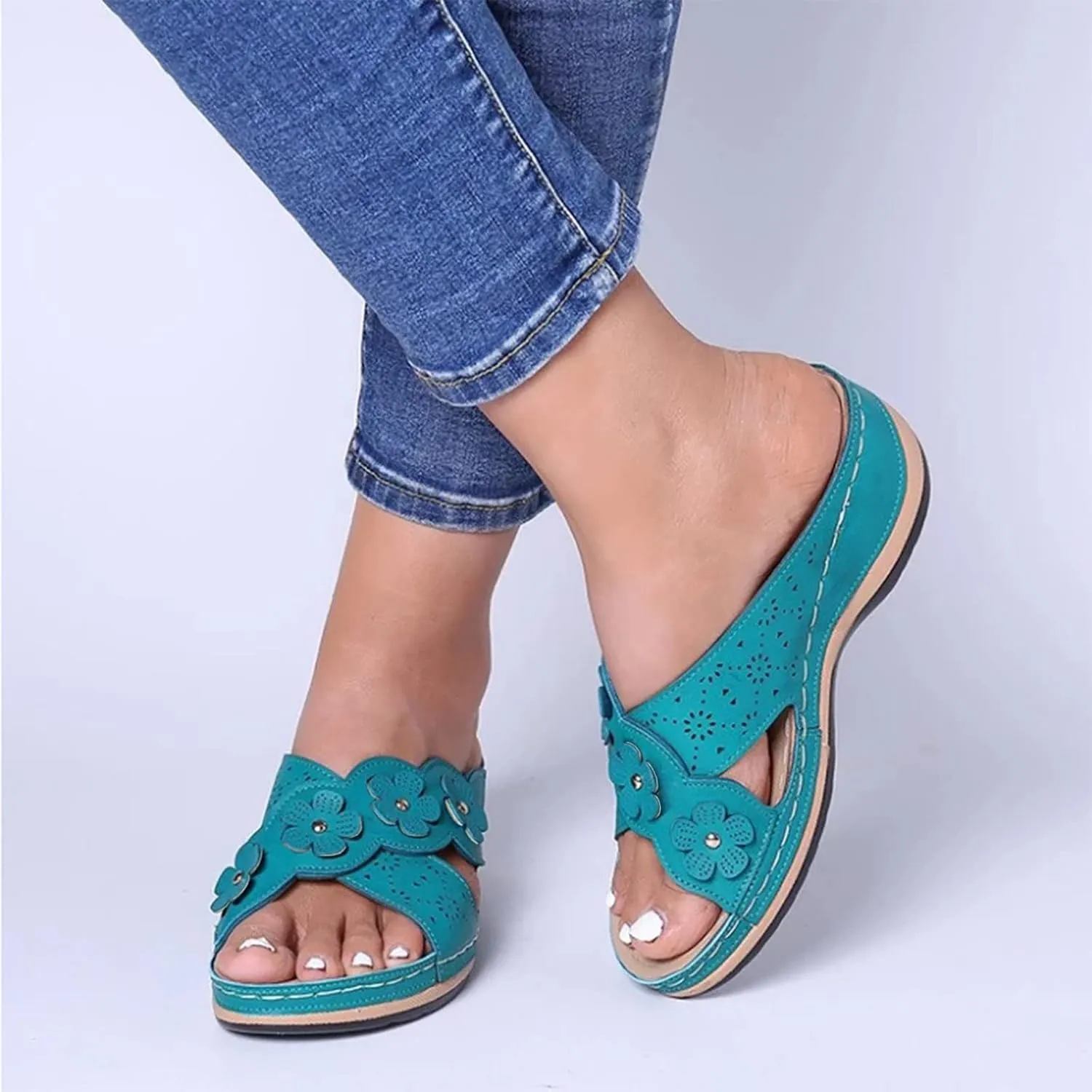 Orthopedic Sandals For Women Women's Comfort Leather Slides Lightweight Wedge Sandals Slip On Casual Walking Slippers with Arch Support Cushion Platform Sandals Dressy Summer