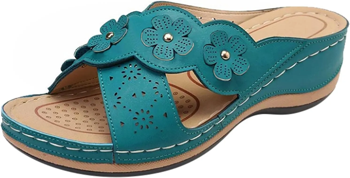 Orthopedic Sandals For Women Women's Comfort Leather Slides Lightweight Wedge Sandals Slip On Casual Walking Slippers with Arch Support Cushion Platform Sandals Dressy Summer
