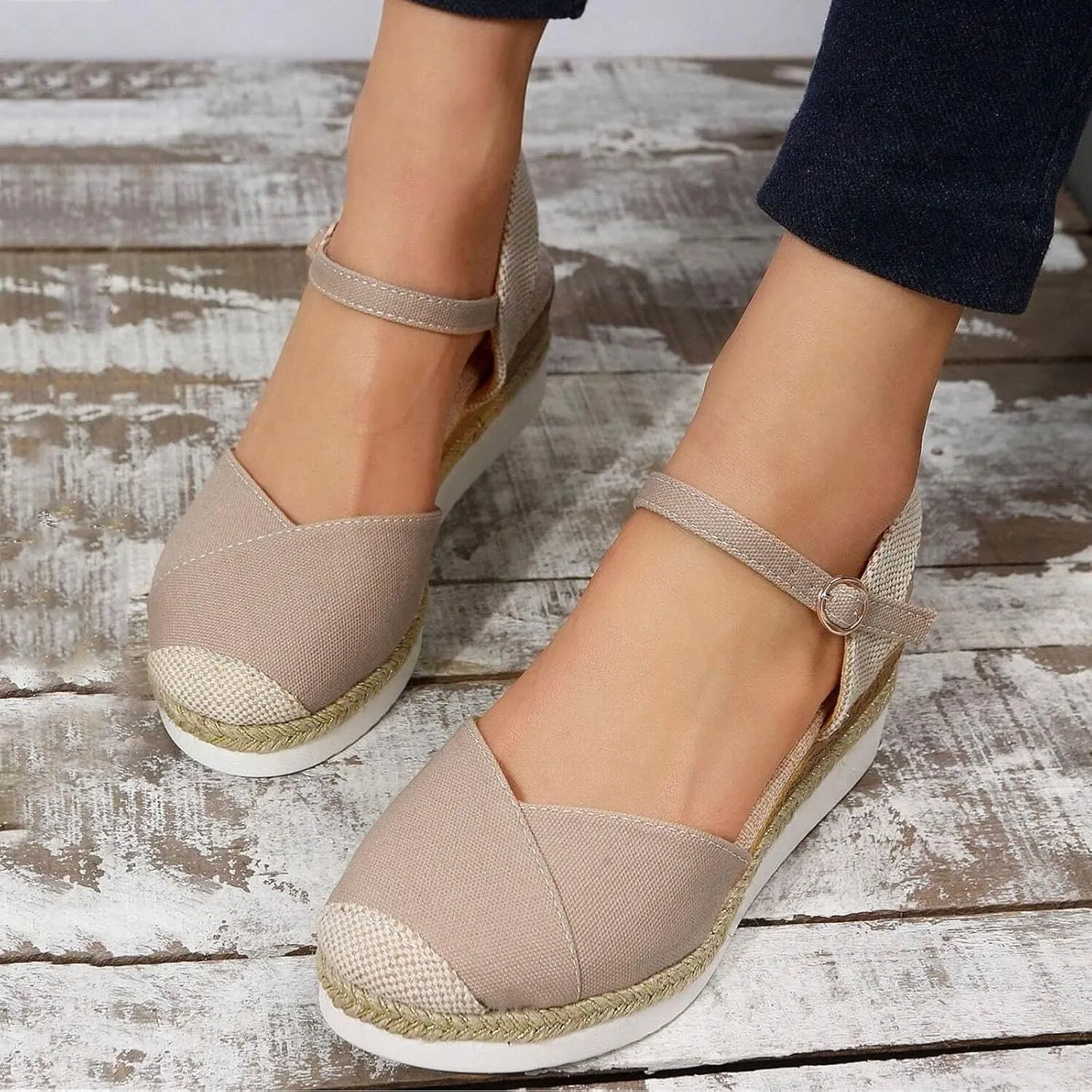 Orthopedic Wedge Sandals for Women Summer Dressy 2025 Women's Retro Closed Toe Platform Canvas Ankle Elastic Strap Wedge Heels Ladies Comfortable Cork Dress Shoes for Beach Wedding
