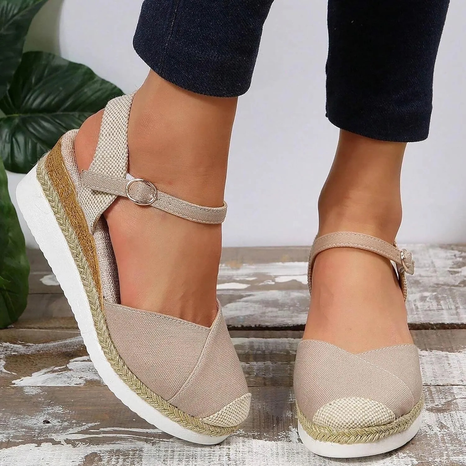 Orthopedic Wedge Sandals for Women Summer Dressy 2025 Women's Retro Closed Toe Platform Canvas Ankle Elastic Strap Wedge Heels Ladies Comfortable Cork Dress Shoes for Beach Wedding