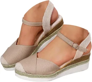Orthopedic Wedge Sandals for Women Summer Dressy 2025 Women's Retro Closed Toe Platform Canvas Ankle Elastic Strap Wedge Heels Ladies Comfortable Cork Dress Shoes for Beach Wedding