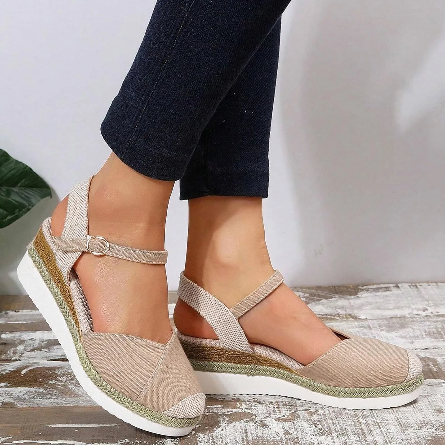 Orthopedic Wedge Sandals for Women Summer Dressy 2025 Women's Retro Closed Toe Platform Canvas Ankle Elastic Strap Wedge Heels Ladies Comfortable Cork Dress Shoes for Beach Wedding