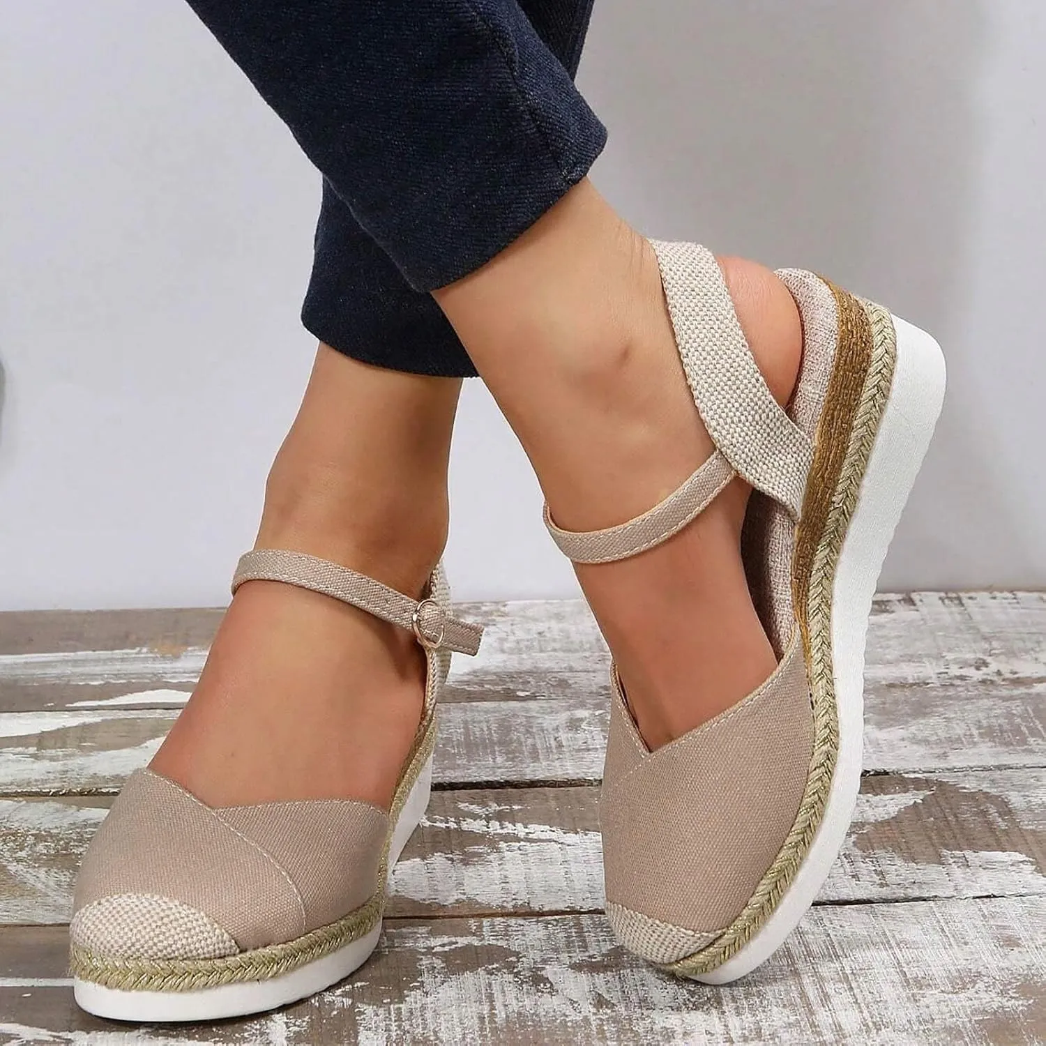 Orthopedic Wedge Sandals for Women Summer Dressy 2025 Women's Retro Closed Toe Platform Canvas Ankle Elastic Strap Wedge Heels Ladies Comfortable Cork Dress Shoes for Beach Wedding