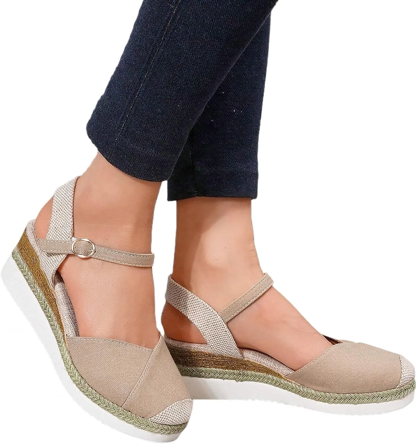 Orthopedic Wedge Sandals for Women Summer Dressy 2025 Women's Retro Closed Toe Platform Canvas Ankle Elastic Strap Wedge Heels Ladies Comfortable Cork Dress Shoes for Beach Wedding