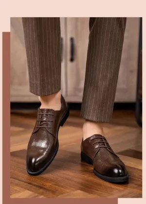 Oxford Formal Shoes for Men Lace Up Pointed Burnished Toe Breathable Hollow Out Faux Leather Derby Shoes Slip Resistant Anti-Slip Low Top Wedding