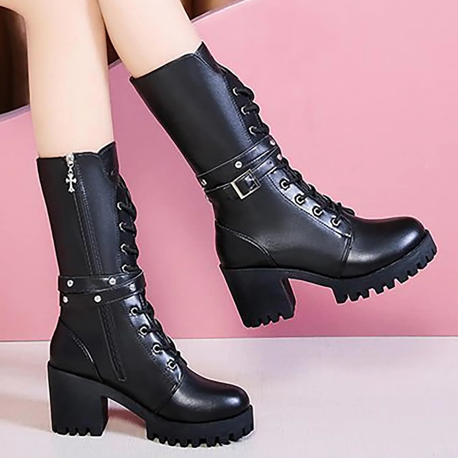 Platform Boots for Women Chunky Heel,Goth Buckle Strap Combat Boots Mid Calf Leather Boots Lug Sole Motorcycle Boots