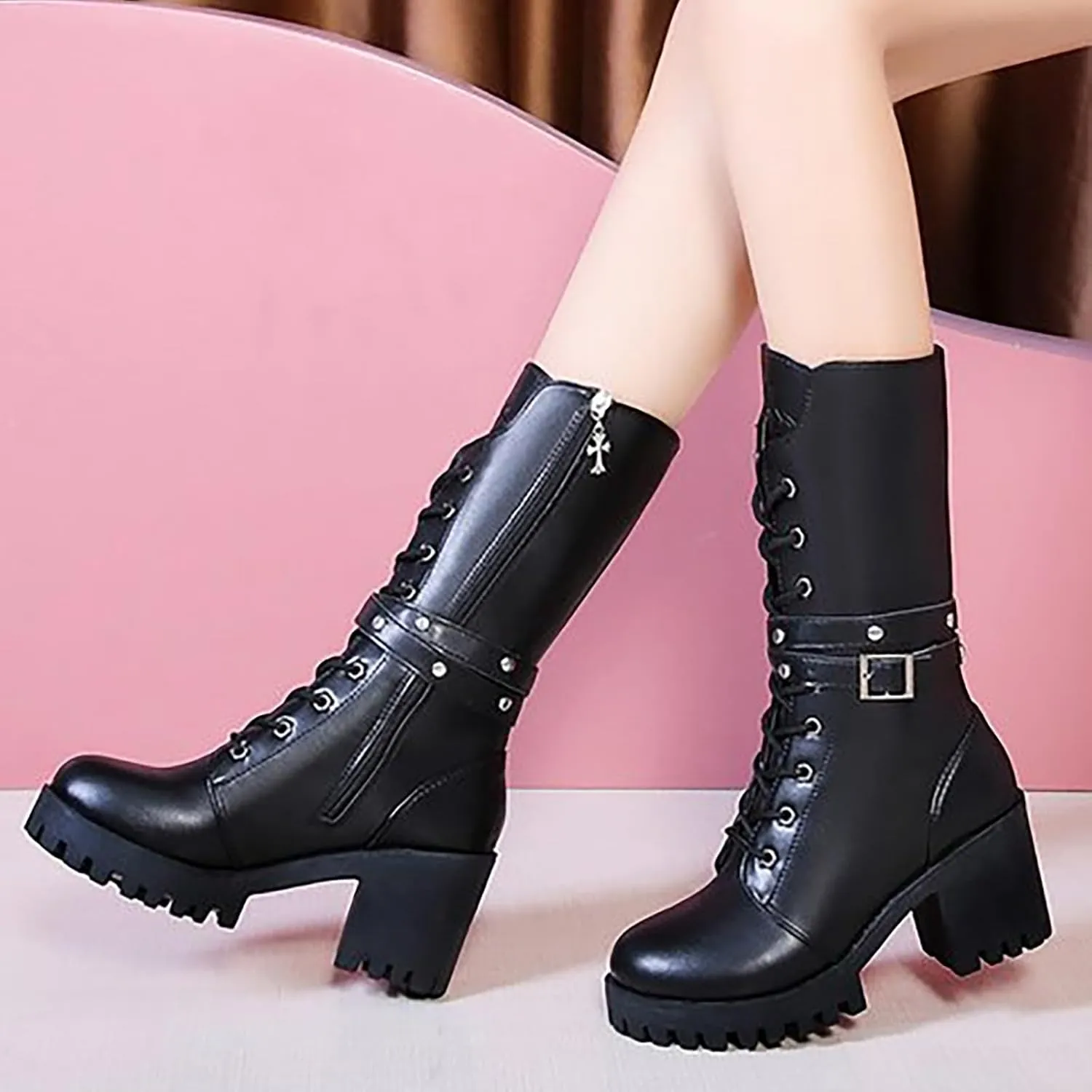 Platform Boots for Women Chunky Heel,Goth Buckle Strap Combat Boots Mid Calf Leather Boots Lug Sole Motorcycle Boots