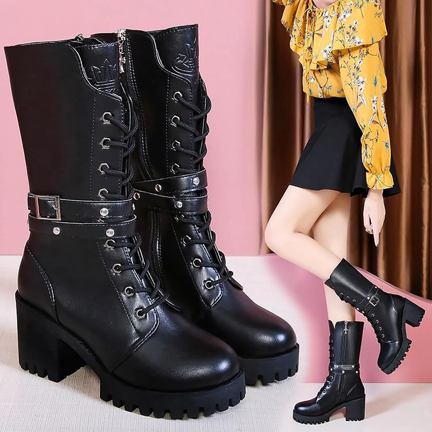 Platform Boots for Women Chunky Heel,Goth Buckle Strap Combat Boots Mid Calf Leather Boots Lug Sole Motorcycle Boots