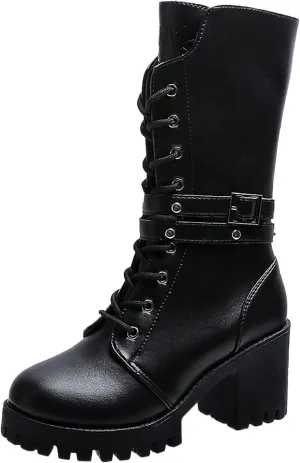Platform Boots for Women Chunky Heel,Goth Buckle Strap Combat Boots Mid Calf Leather Boots Lug Sole Motorcycle Boots