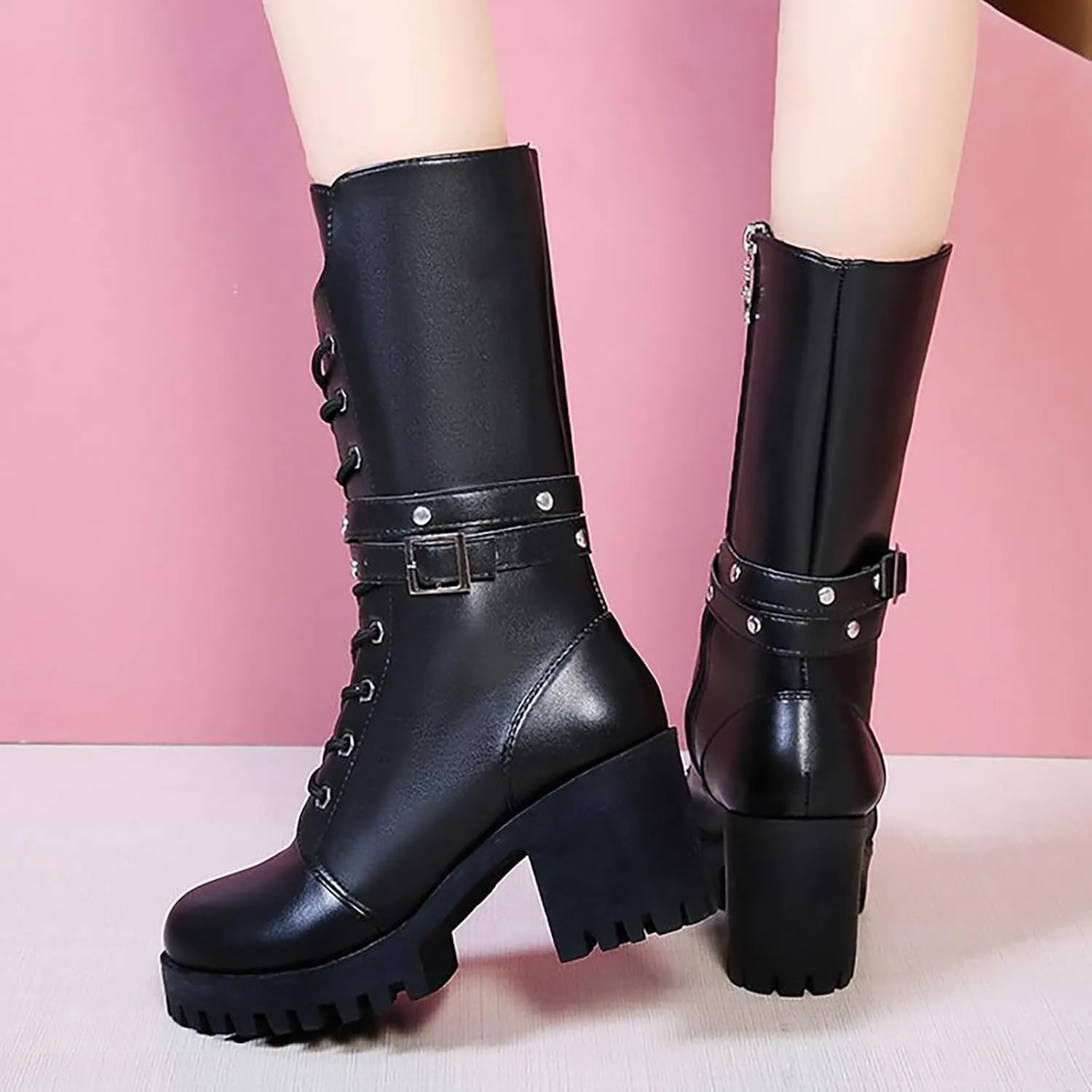 Platform Boots for Women Chunky Heel,Goth Buckle Strap Combat Boots Mid Calf Leather Boots Lug Sole Motorcycle Boots