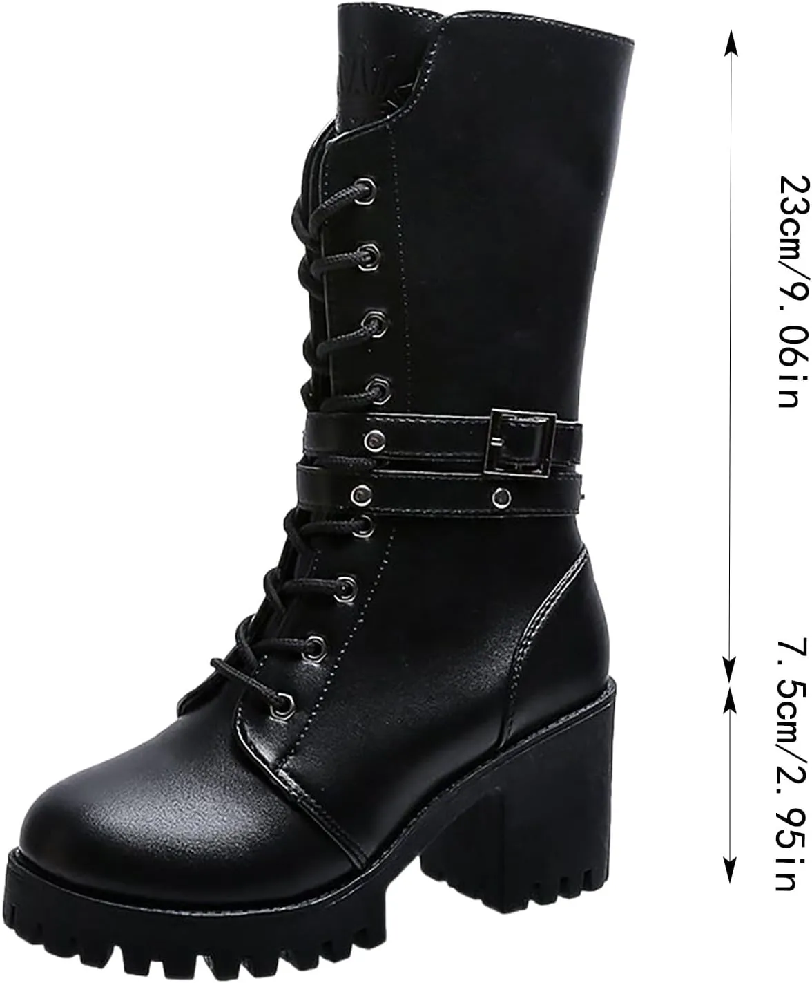 Platform Boots for Women Chunky Heel,Goth Buckle Strap Combat Boots Mid Calf Leather Boots Lug Sole Motorcycle Boots